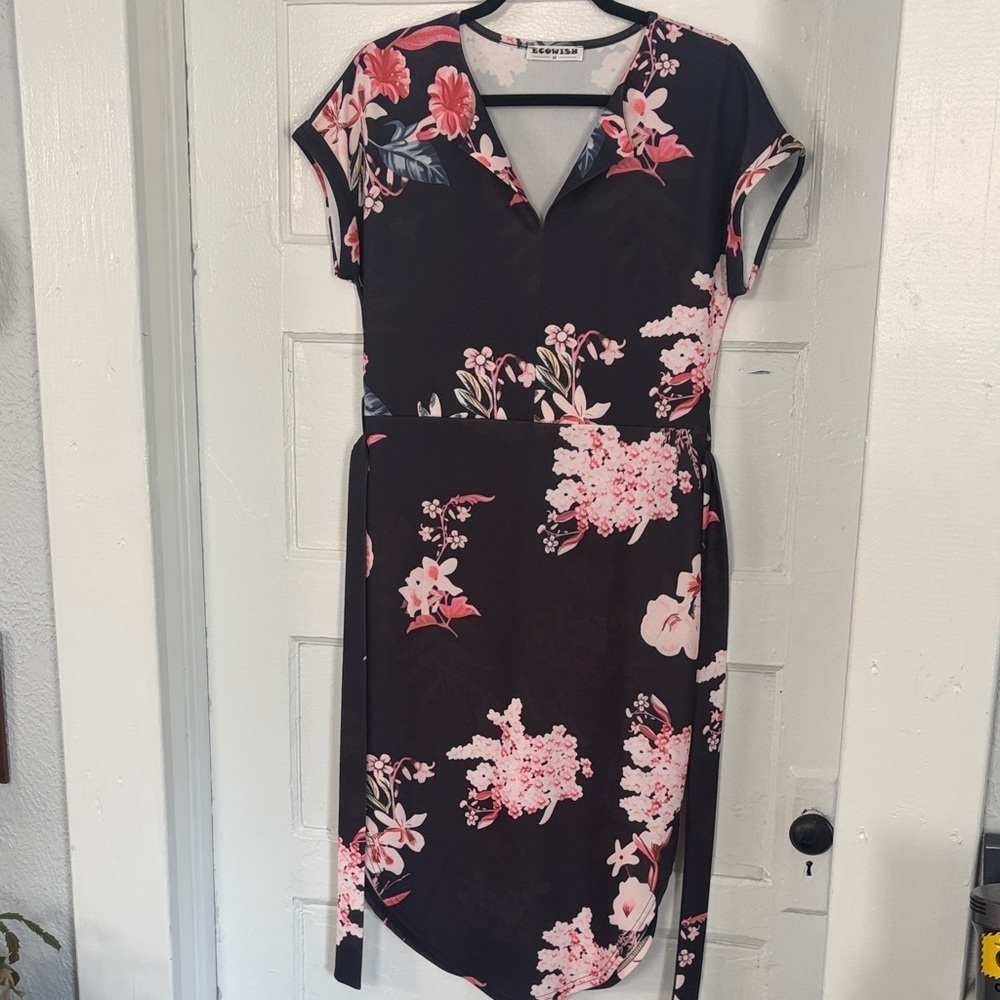 Black Midi Dress with Pink Floral Pattern